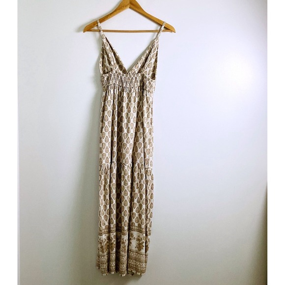 Sim & Sam Bohemian Tan Babydoll Linen Blend Maxi Dress in Oat Print Size XSmall - Picture 3 of 9